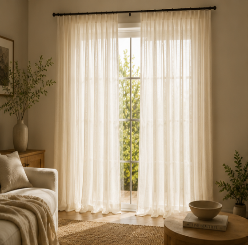 Tessivra Linen Sheer Curtains | Khaki Yellow, Light Khaki & Burlywood Birch