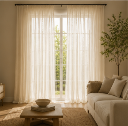 Tessivra Linen Sheer Curtains | Khaki Yellow, Light Khaki & Burlywood Birch