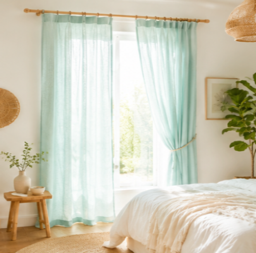 Tessivra Linen Pinch Pleat Curtains | Breathable Bedroom Drapes in Mint, Cream, Beige & Olive