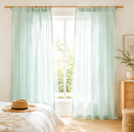 Tessivra Linen Pinch Pleat Curtains | Breathable Bedroom Drapes in Mint, Cream, Beige & Olive