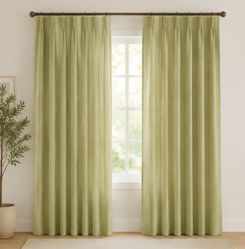 Tessivra Linen Pinch Pleat Curtains | Sage Green, Olive Green & Beige