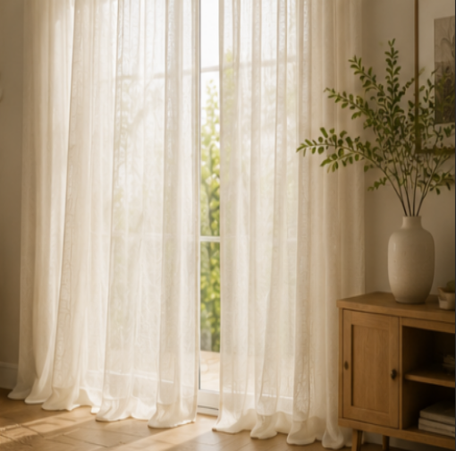 Tessivra Linen Sheer Curtains | Khaki Yellow, Light Khaki & Burlywood Birch