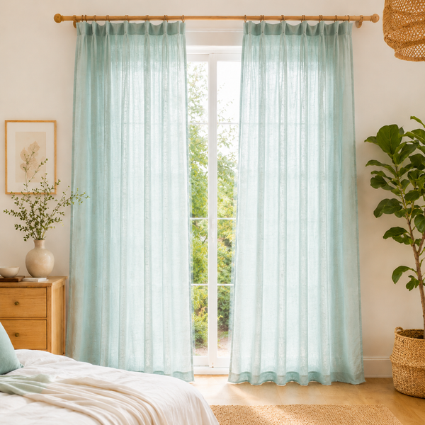 Tessivra Linen Pinch Pleat Curtains | Breathable Bedroom Drapes in Mint, Cream, Beige & Olive
