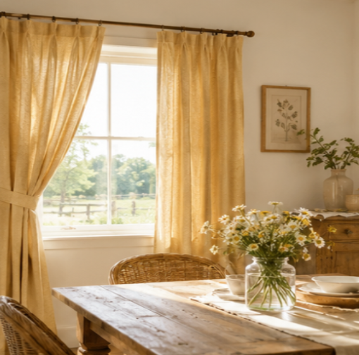 Tessivra Cotton Pinch Pleat Curtains | Farmhouse Dining Room Drapes in Mustard, Sage, Blue & More